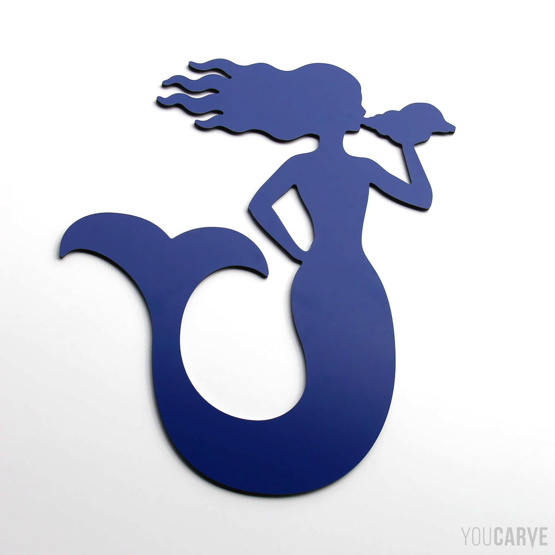 Pictogramme/silhouette de sirène (mermaid) découpée en aluminium-dibond laqué bleu RAL 5002 mat (épaisseur 3 mm), pour l’enseigne ou la décoration.