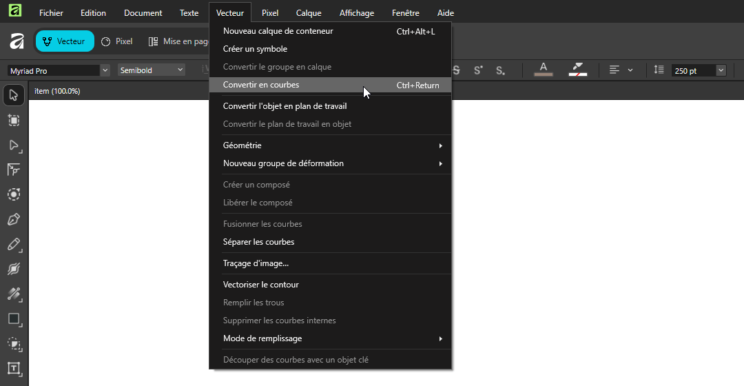 Affinity, menu Vecteur > Convertir en courbes Capture écran Affinity (Windows), menu Vecteur > Convertir en courbes