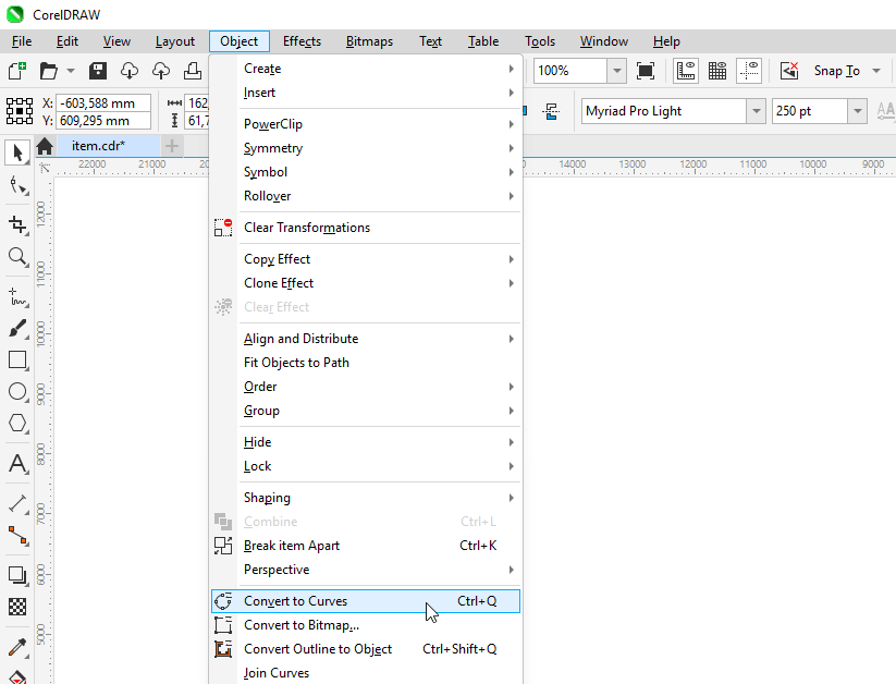CorelDraw, Object menu > Convert to Curves CorelDraw screenshot (Windows), Object menu > Convert to Curves