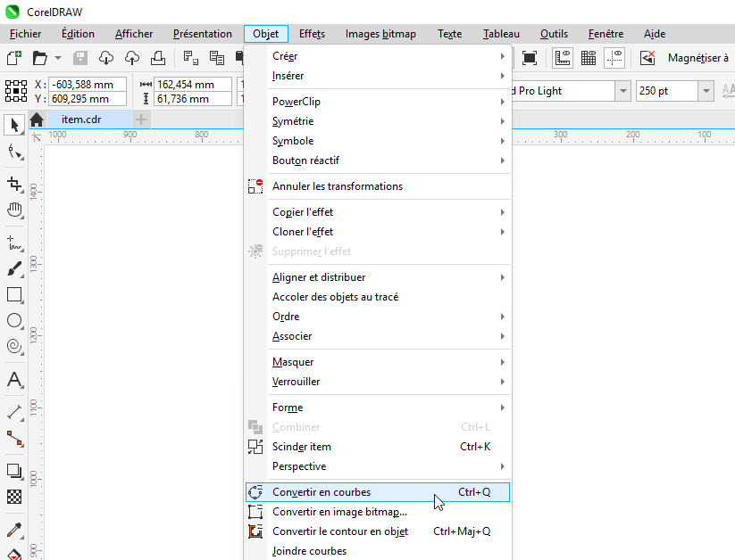 CorelDraw, menu Objet > Convertir en courbes Capture écran CorelDraw (Windows), menu Objet > Convertir en courbes