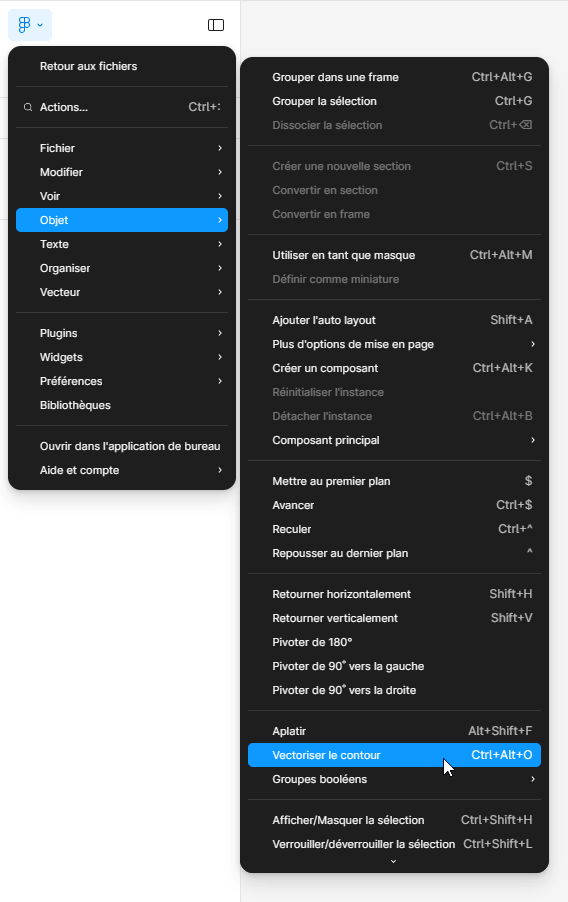 Figma, menu Principal > Objet > Vectoriser le contour Capture écran Figma, menu Principal > Objet > Vectoriser le contour