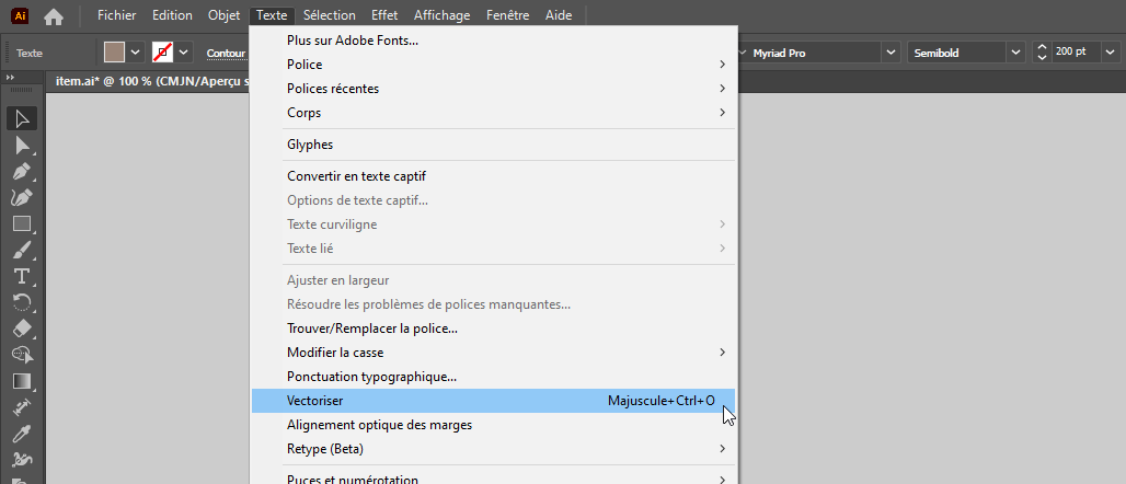 Illustrator, menu Texte > Vectoriser Capture écran Illustrator (Windows), menu Texte > Vectoriser