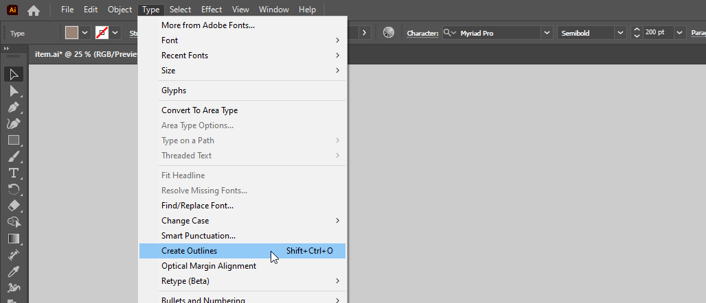 Illustrator, Text menu > Create Outlines Illustrator screenshot (Windows), Text menu > Create Outlines