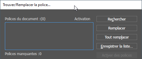 Illustrator, fenêtre Trouver/Remplacer la police Capture écran Illustrator (Windows), fenêtre Trouver/Remplacer la police