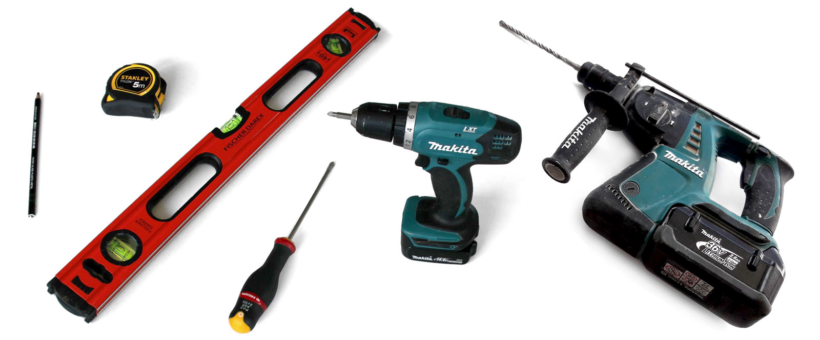 Materiel nécessaire pour l'installation de lettres d'enseigne Inventaire du matériel pour la pose de lettres d'enseigne : crayon, mètre ruban, niveau à bulles, tournevis, visseuse, perceuse/perforateur