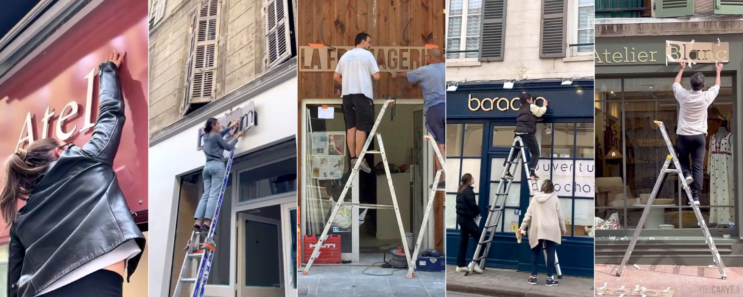 Installation of signs directly by our customers Collage of several photos showing shopkeepers installing their signs themselves with relief letters and installation templates provided by Youcarve