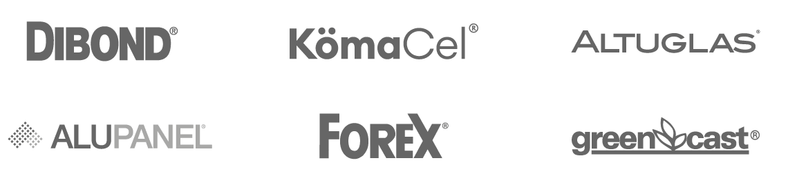 Logo des marques Dibond (aluminium composite), Alupanel (aluminium composite), Kömacel (PVC expansé), Forex (PVC expansé), Altuglas (PMMA coulé), Greencast (PMMA coulé)