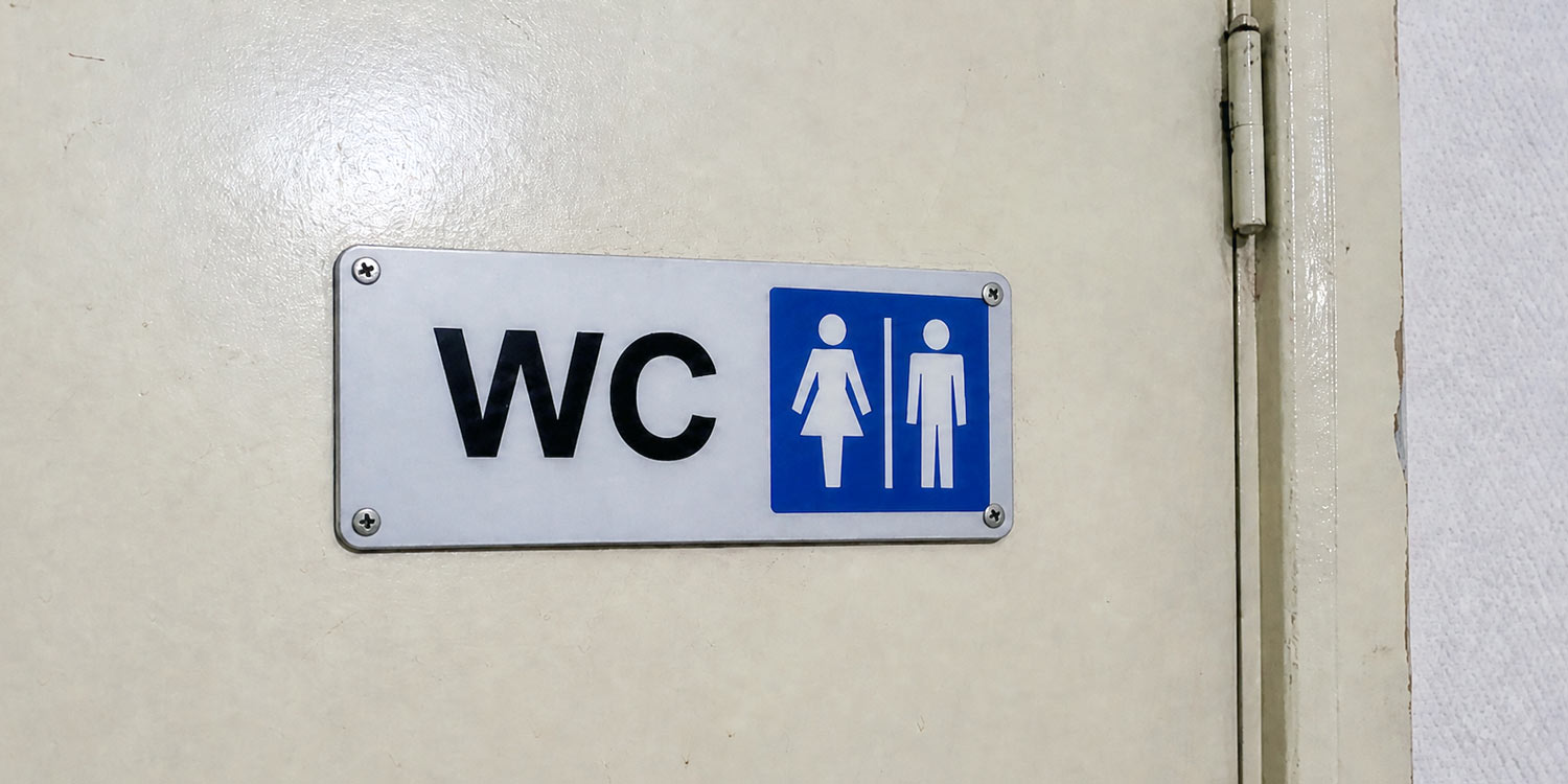 Close-up view of a banal and ugly restroom plate