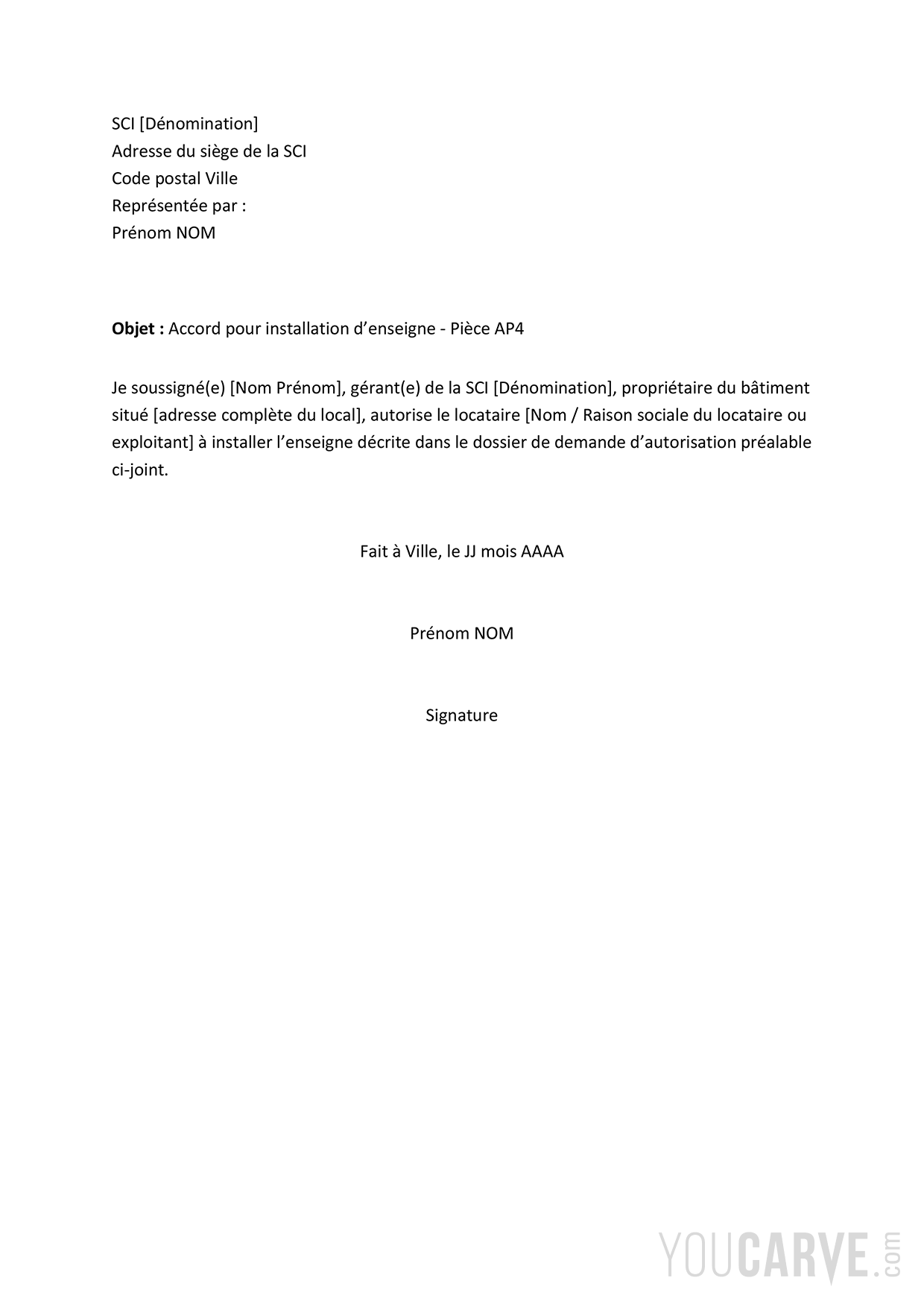 Letter template - Owner's agreement for sign installation Preview of the letter/mail template - Owner's agreement for sign installation