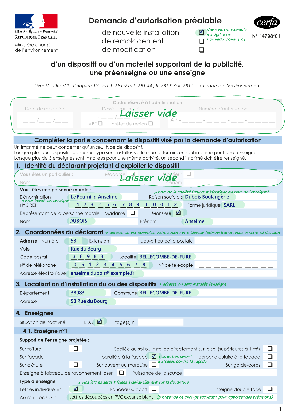 Cerfa 14798 (Signage Authorization Request) page 1, commented example Page 1 of the Cerfa 14798 form (Signage Authorization Request), completed and commented for a fictional project