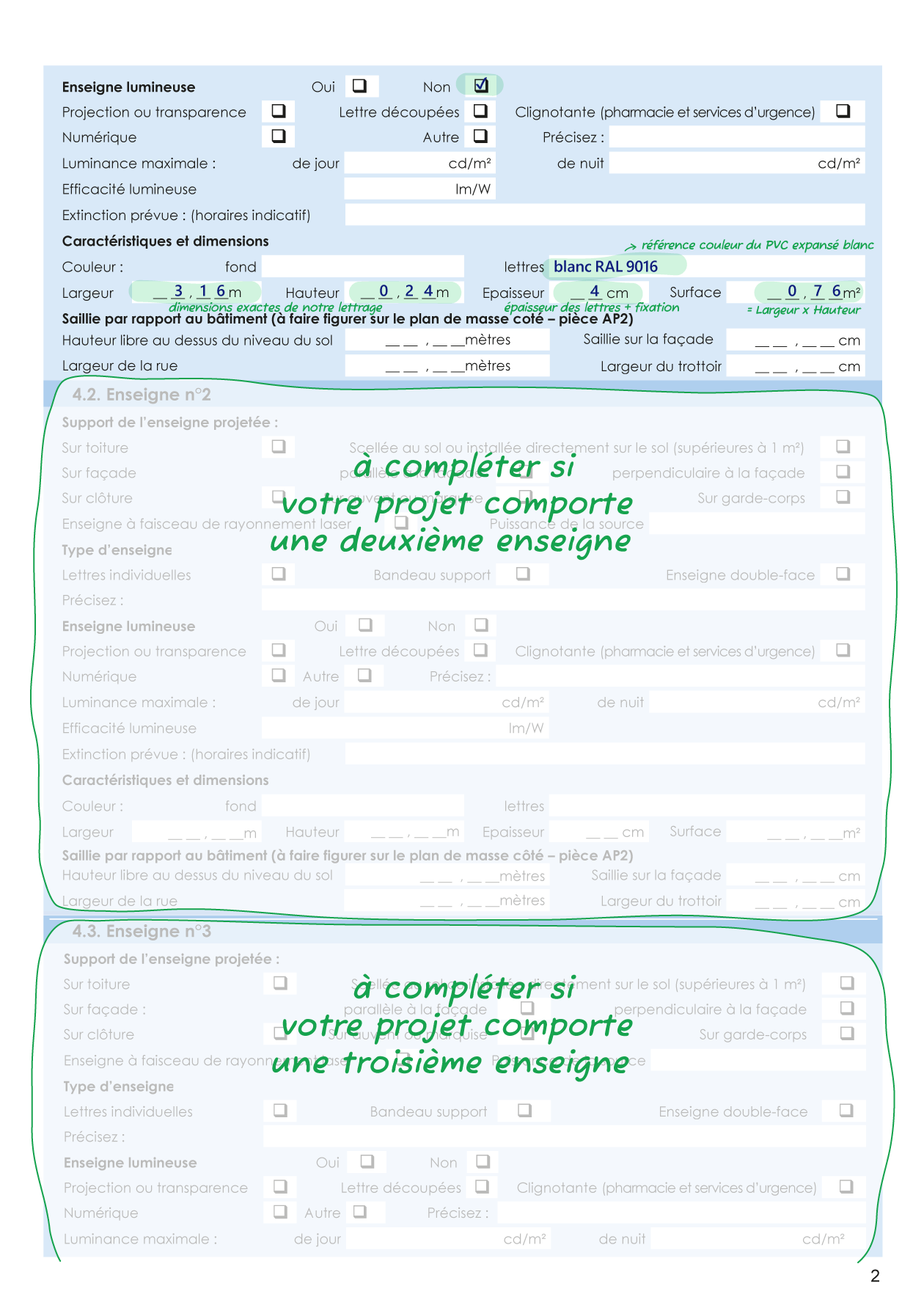 Cerfa 14798 (Signage Authorization Request) page 2, commented example Page 2 of the Cerfa 14798 form (Signage Authorization Request), completed and commented for a fictional project