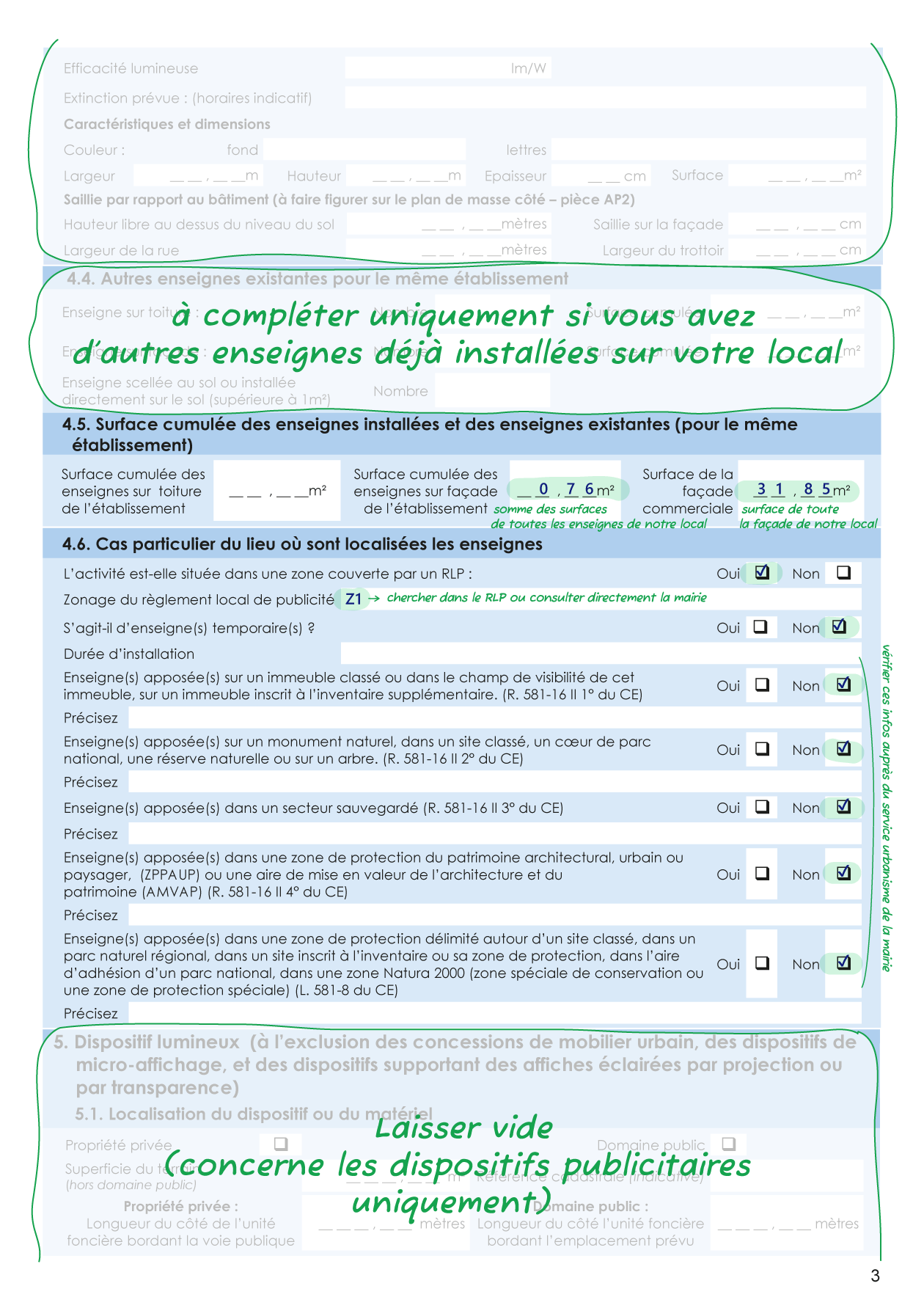 Cerfa 14798 (Signage Authorization Request) page 3, commented example Page 3 of the Cerfa 14798 form (Signage Authorization Request), completed and commented for a fictional project