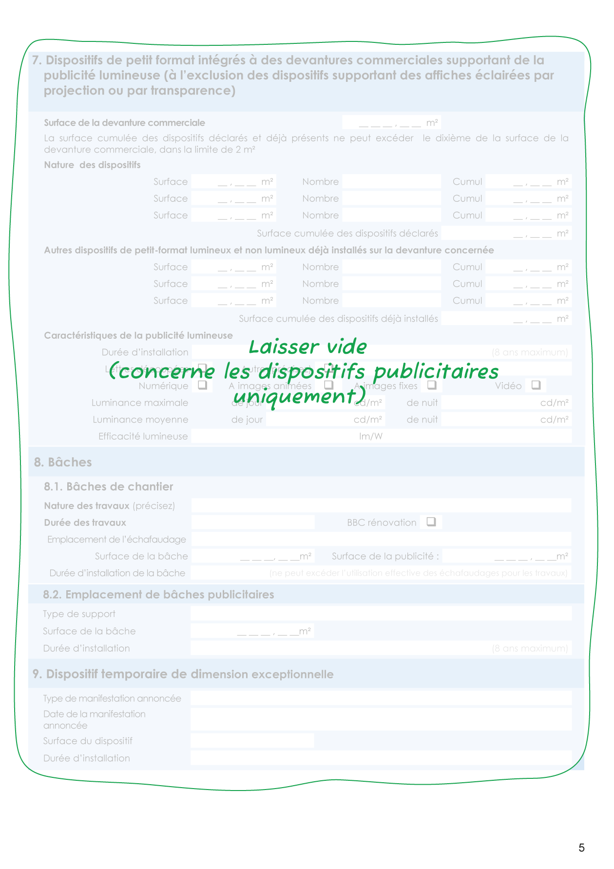 Cerfa 14798 (Signage Authorization Request) page 5, commented example Page 5 of the Cerfa 14798 form (Signage Authorization Request), completed and commented for a fictional project