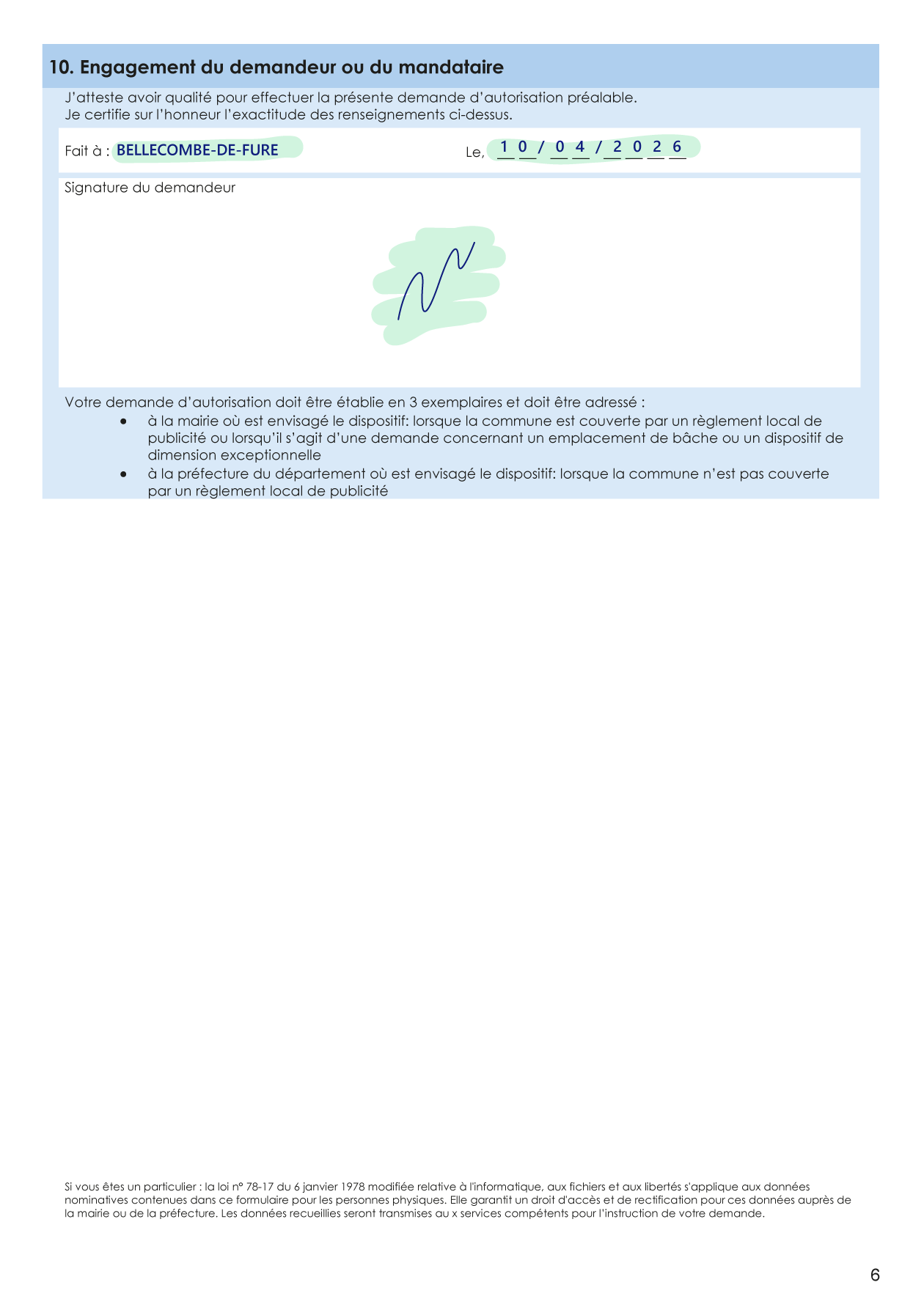 Cerfa 14798 (Signage Authorization Request) page 6, commented example Page 6 of the Cerfa 14798 form (Signage Authorization Request), completed and commented for a fictional project