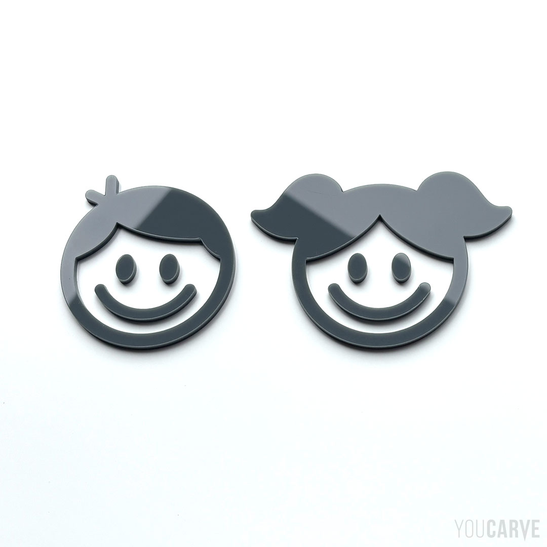 Children restroom pictogram (gray plexi) Illustrative children's faces restroom pictograms (for schools, nurseries, pediatric spaces) - Laser cut in glossy gray PMMA