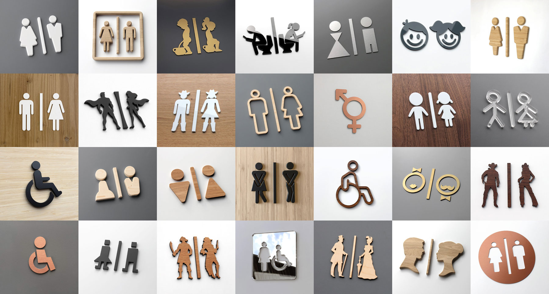 Customized restroom signage | Youcarve Mosaic of photos of restroom signage pictograms of various styles and cut from a wide variety of materials