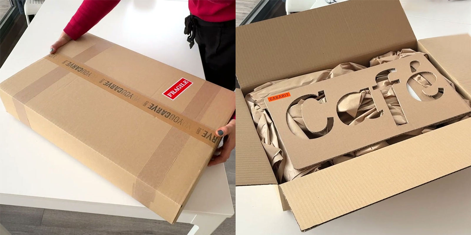 Pose logo mural en bois - Etape 1a Unboxing, ouverture du colis