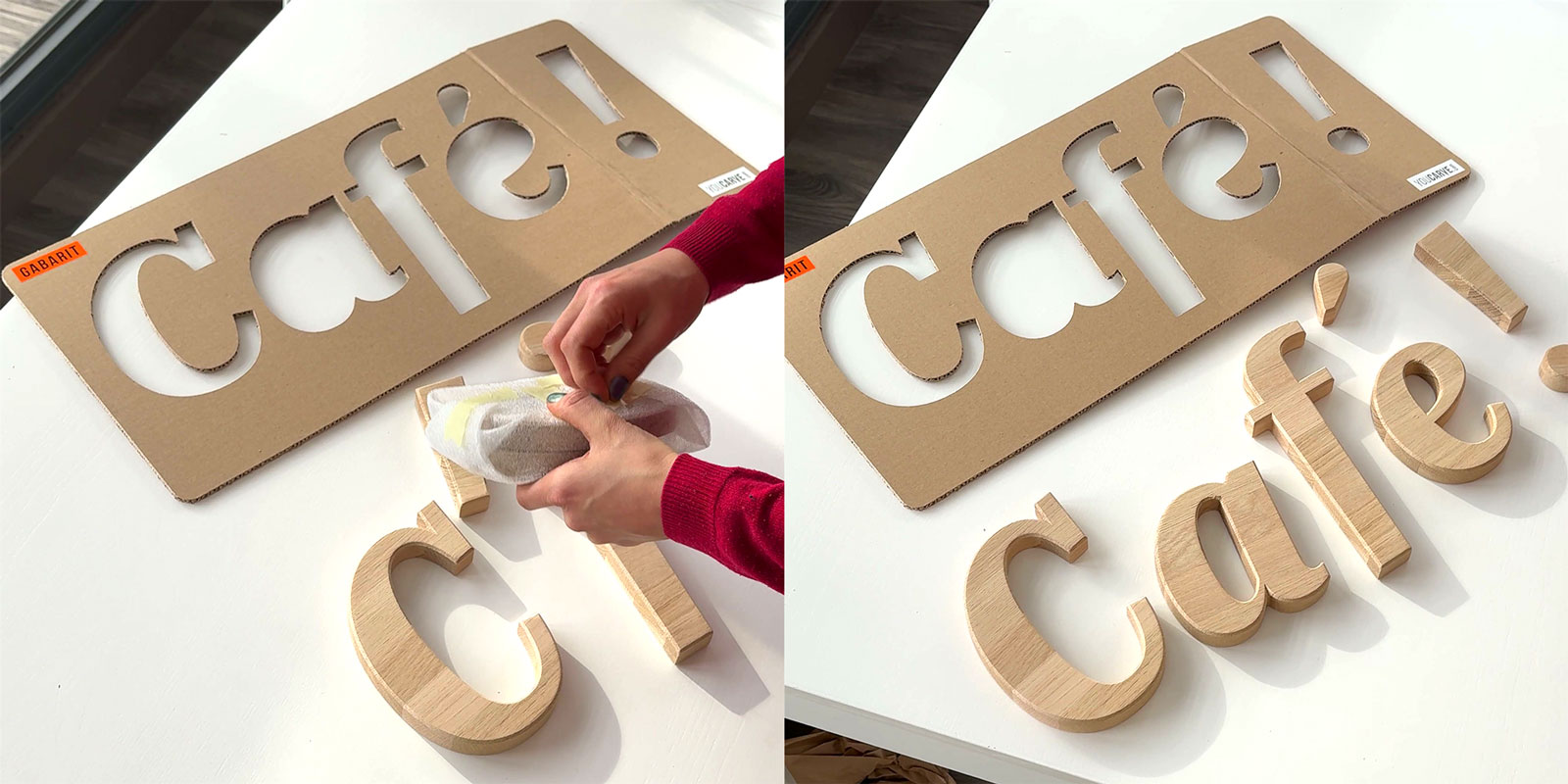 Pose logo mural en bois - Etape 1b Déballage et étalage des lettres en bois et du gabarit