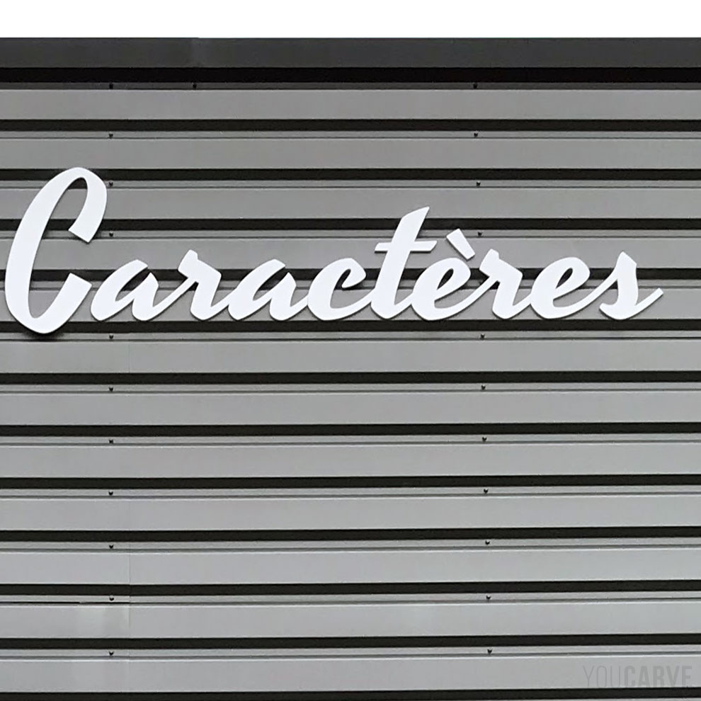 Sign in cut letters 'Caractères' in white alu-dibond, glued on metal cladding facade