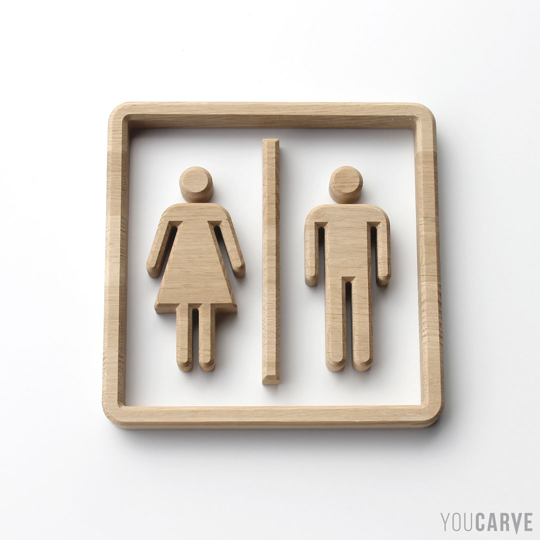 Pictogrammes signalétique toilettes-WC style vintage-retro, profils femme-homme découpe en bois (chêne) ép. 19 mm, fixation mousse double-face.