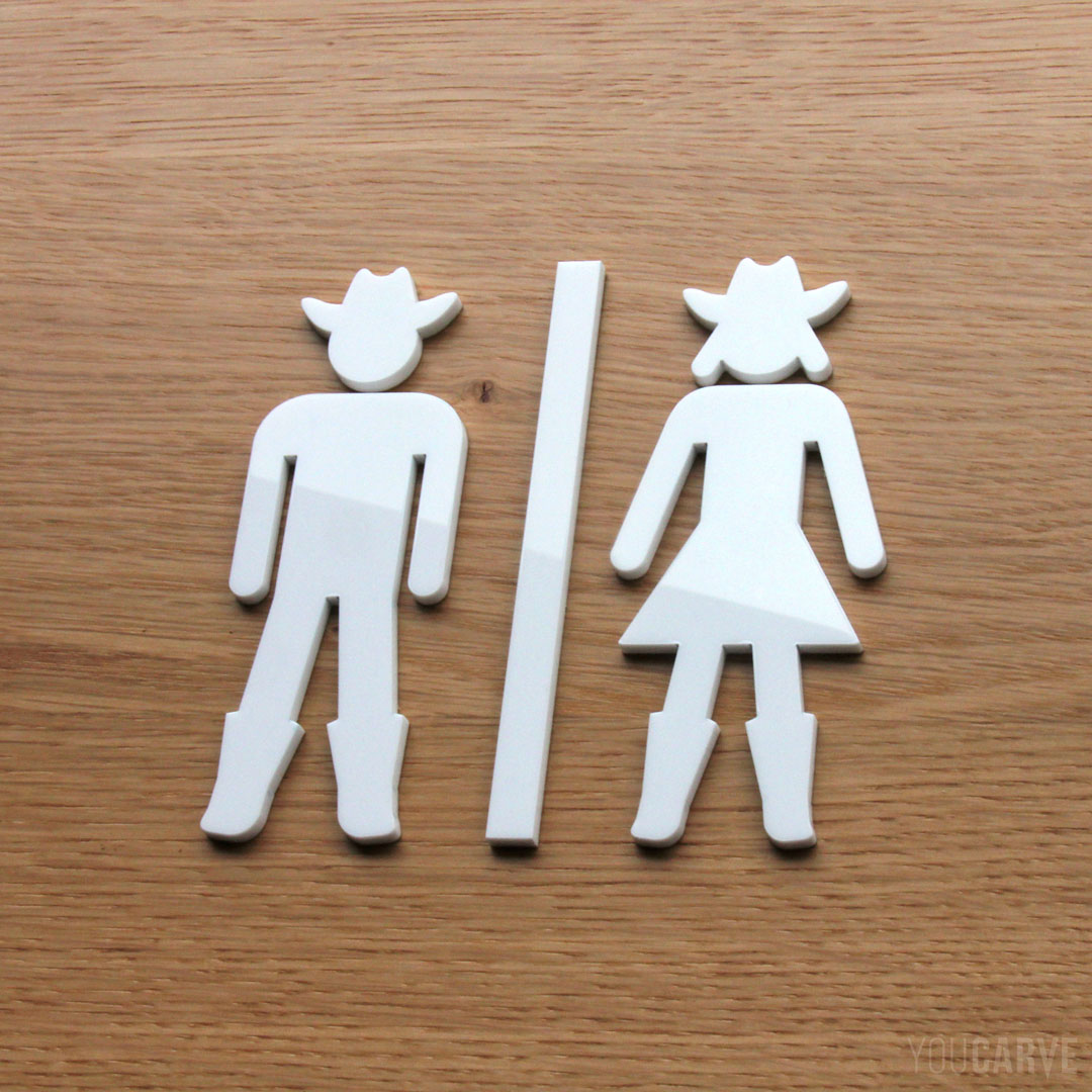 Pictogrammes signalétique toilettes-WC style cowboys far-west, homme- femme, découpe laser en PMMA blanc brillant ép. 3 mm, fixation double-face.