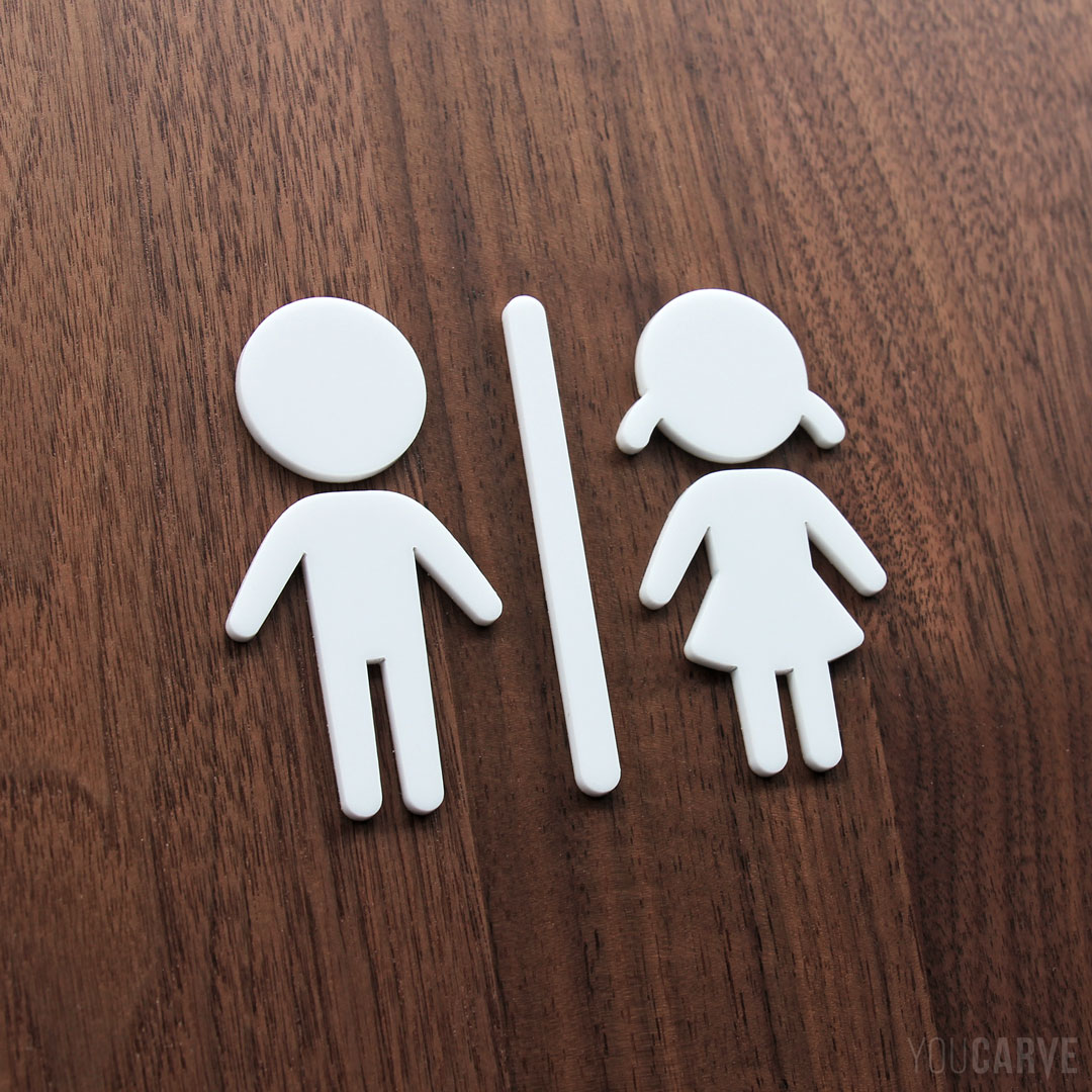 Pictogrammes signalétique toilettes-WC style enfants, scolaire, garçon-fille, découpe laser en PMMA blanc brillant ép. 3 mm, fixation double-face.