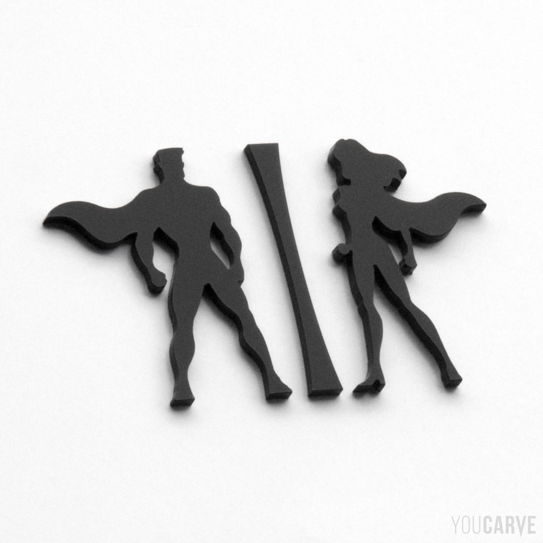 Pictogrammes signalétique toilettes-WC style superman-supergirl, découpe laser en PMMA noir mat ép. 3 mm, fixation double-face.