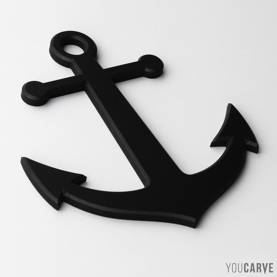 Icône d’ancre de bateau (sea anchor) découpée en PVC expansé noir épaisseur 10 mm, pour l’enseigne, la signalétique ou la décoration.