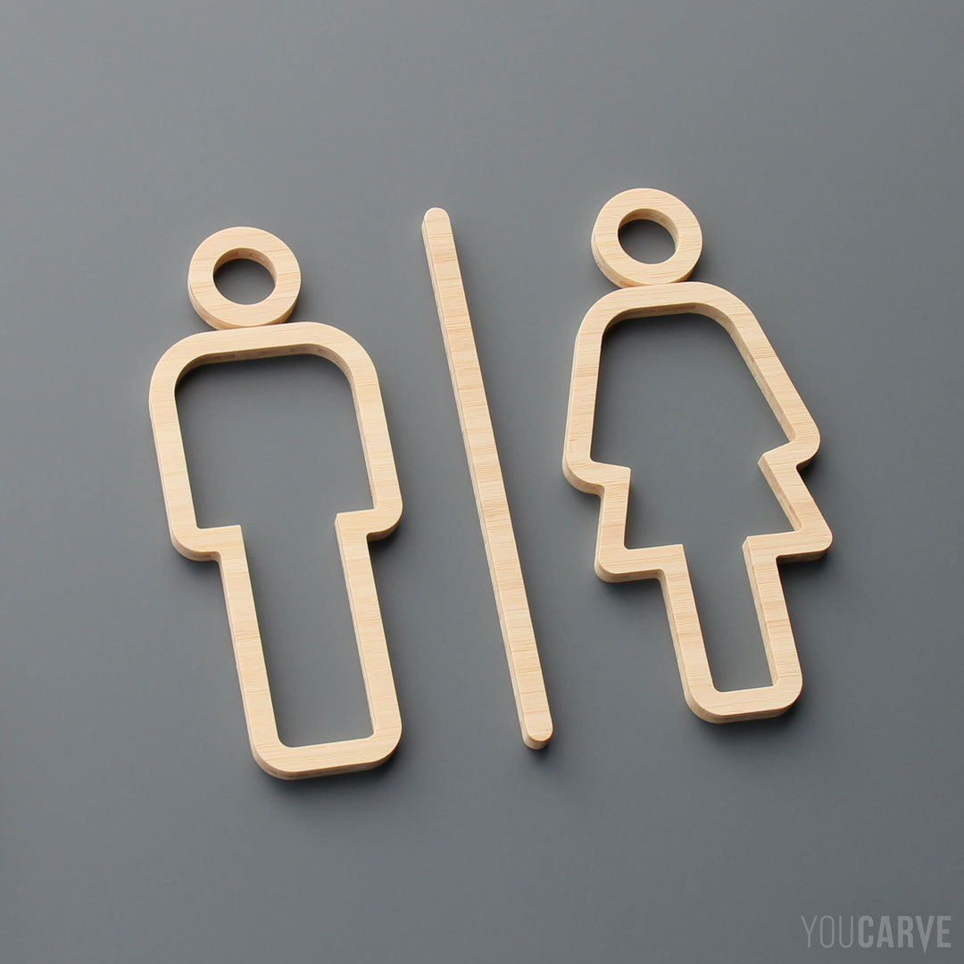 Pictogrammes signalétique toilettes-WC style filaire, découpe en bois (bambou teinte caramel) ép. 7 mm, fixation mousse double-face.