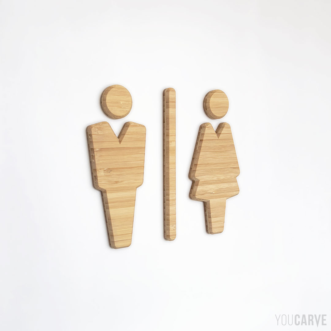 How to install a signage pictogram - Step 5 - Result Restroom men-women signage wall pictogram cut from wood (natural bamboo)