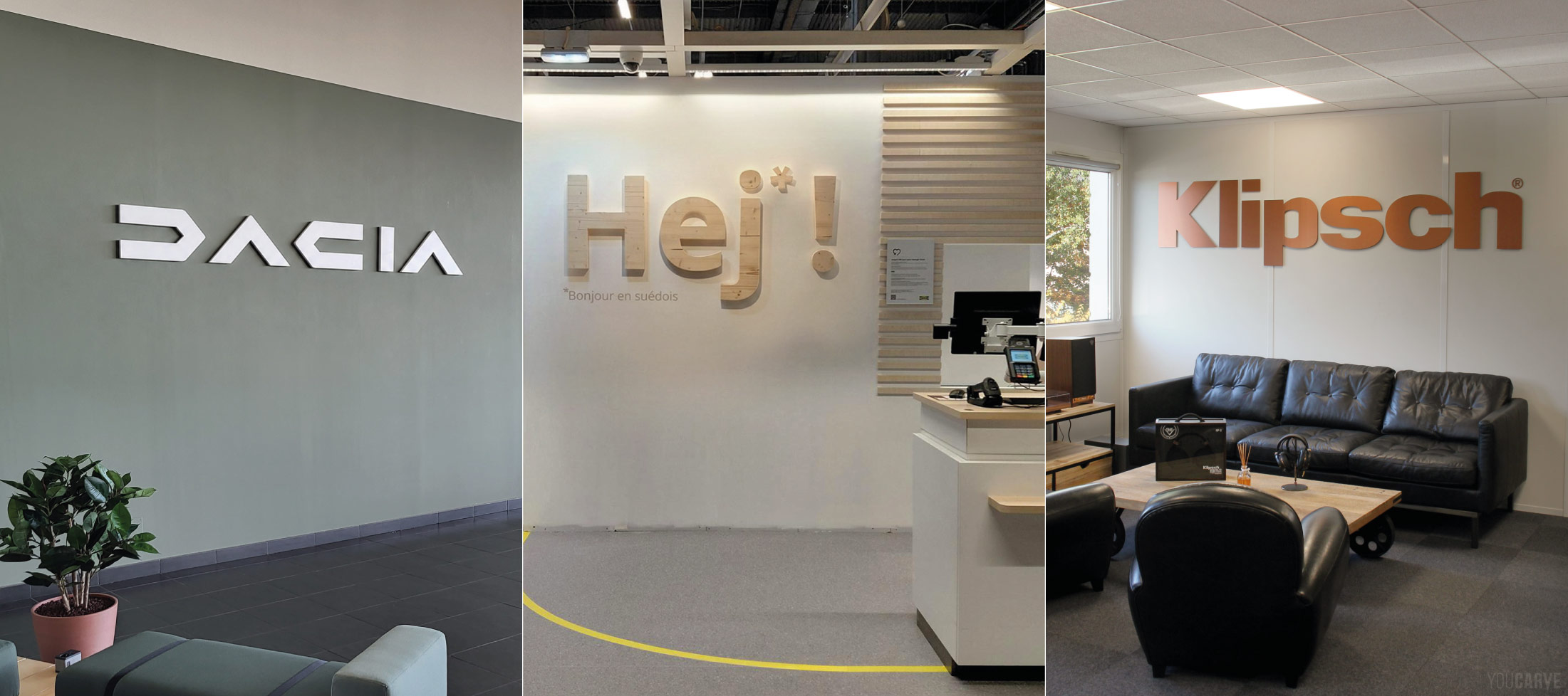 Logos muraux et enseignes intérieures pour un groupe au national - Choisir la bonne matière pour tout le réseau de points de vente Triptyque de 3 exemples de logos muraux / enseignes intérieures de réseaux de grandes marques : logo mural Dacia en PVC expansé blanc, logo mural Hej (Ikea) en bois (épicéa), logo mural Klipsch en alu-dibond cuivré