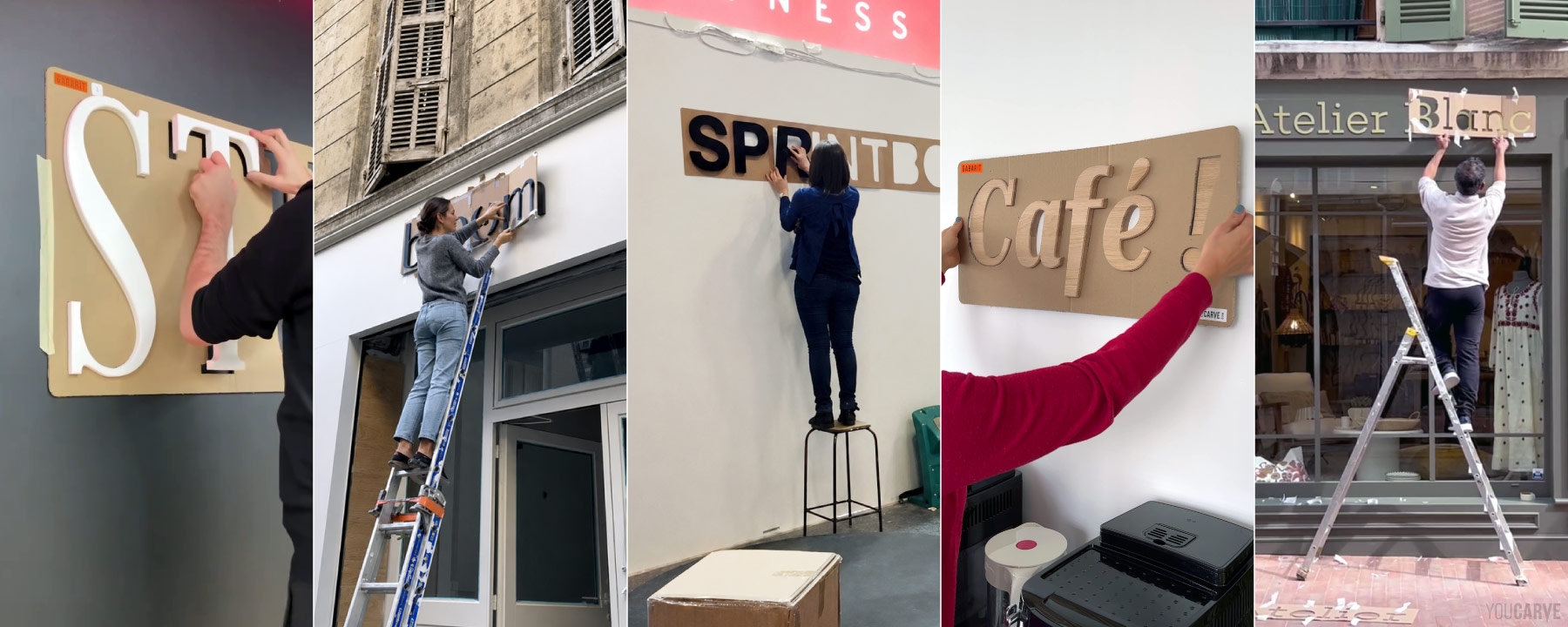 Pose facile des logos muraux et enseignes avec lettres en relief, à l’aide de gabarits d’insertion ou de perçage Série de photos d’exemples de clients ou d’agents qui installent eux-mêmes leur logo mural ou leur enseigne en relief à l’aide des gabarits d’insertion fournis