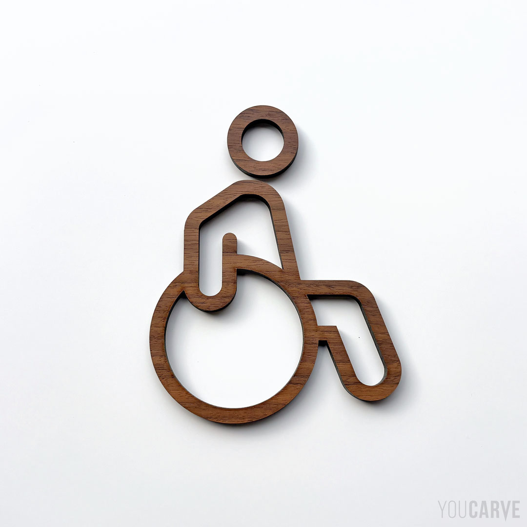 PRM restroom pictogram (walnut wood) Accessibility restroom pictograms for PRM (wheelchair) - Laser cut in walnut wood