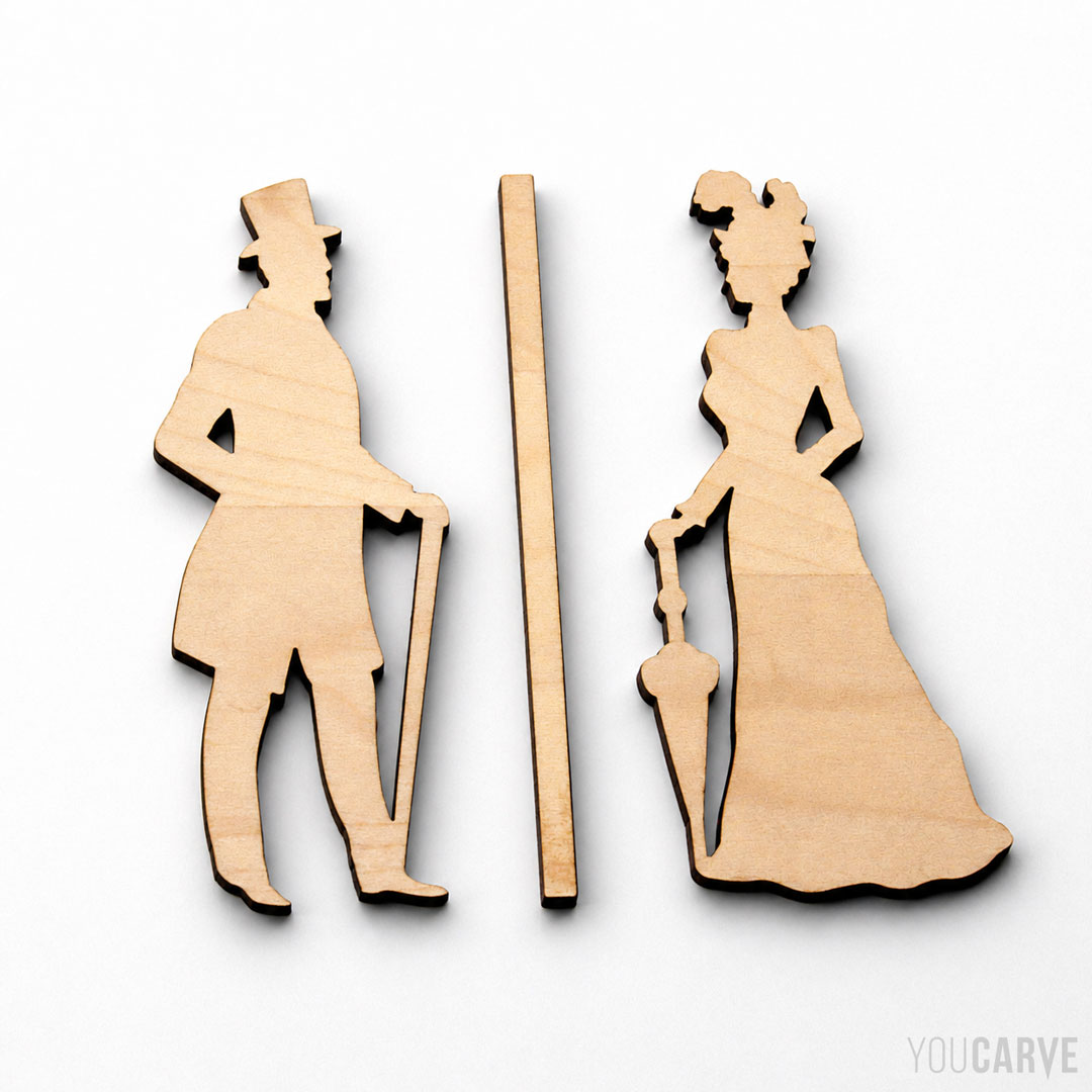 Restroom pictogram vintage silhouettes (maple wood) Vintage-retro restroom pictograms with 1900s style lady-gentleman silhouettes - Laser cut in wood (maple)