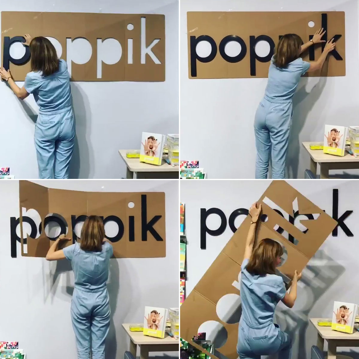 Séquence pose Poppik Séquence d’images extraites d’une vidéo montrant l’installation de d’un logo mural en relief (PVC expansé noir) par Poppik