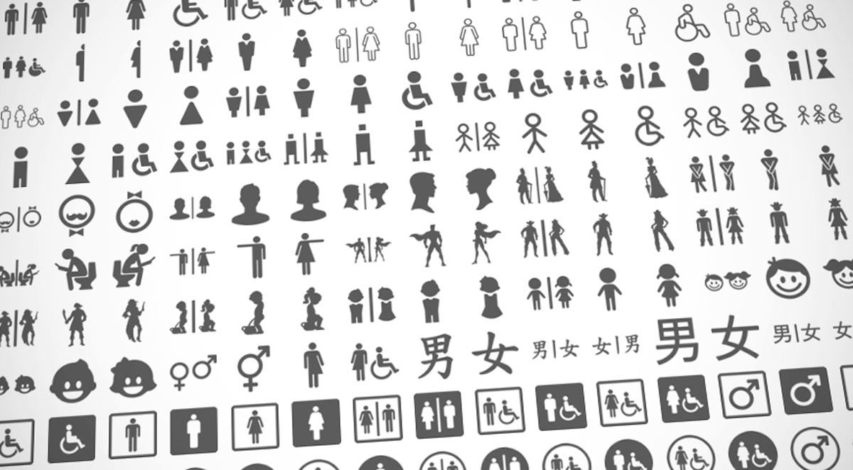 Choice of restroom signage pictograms Screenshot of the diversity of styles in the selection panel for restroom signage pictograms