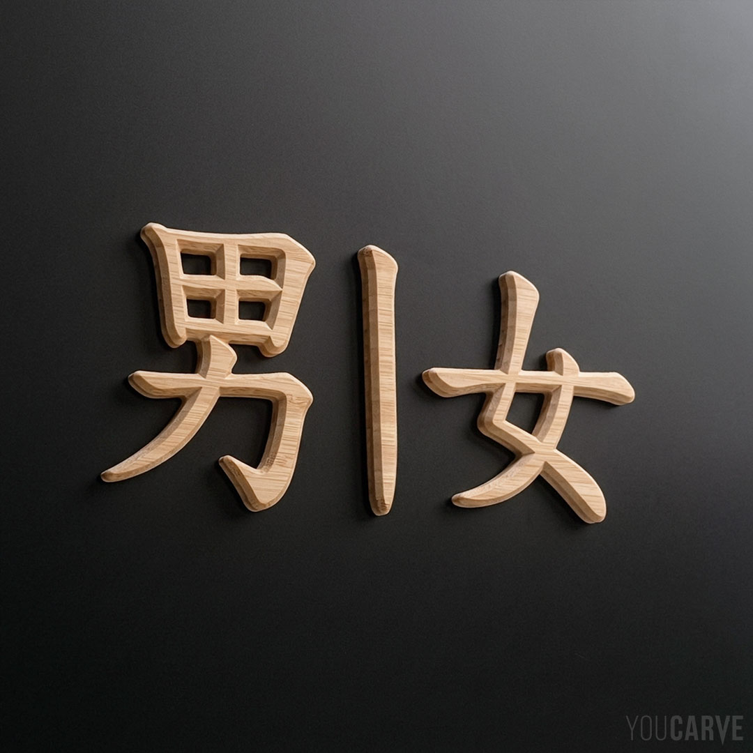 Restroom signage in Chinese ideograms (bamboo wood) Men-women restroom wall signage written in kanji (Chinese-Japanese) cut in relief from wood (bamboo) on a matte black door.